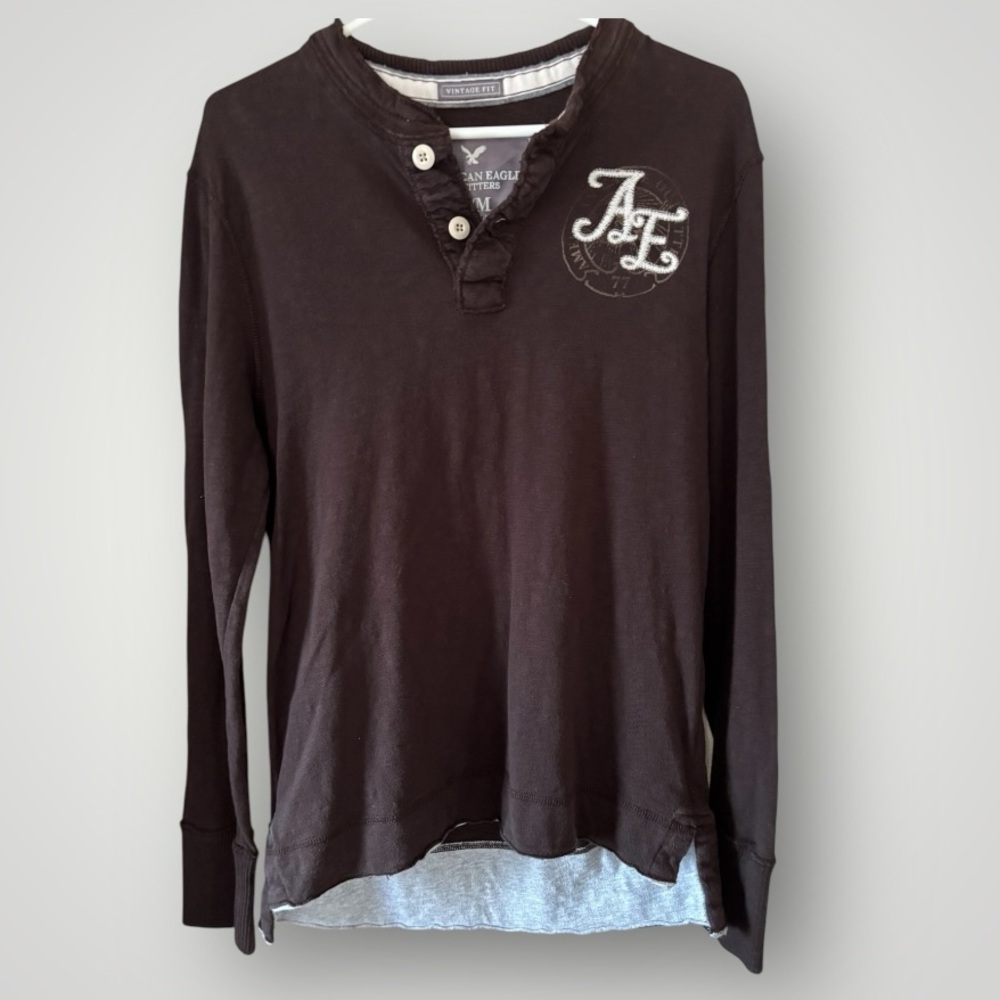 American Eagle Vintage Fit Mens Brown Long Sleeve Henley Shirt Size M